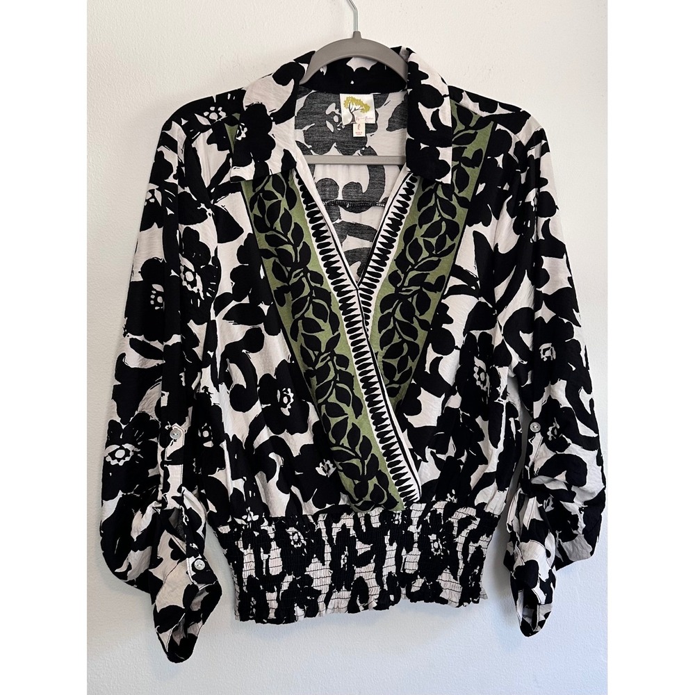 Anthropology x Fig and Flower Floral Smock Waist Blouse Artistic Bold Chic Boho